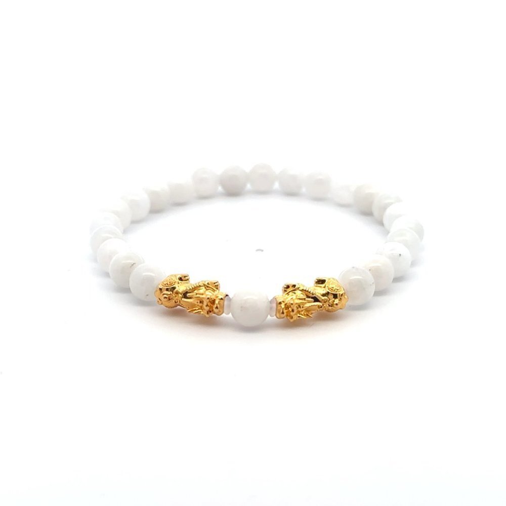 18K Gold Dragon Pixiu Double Piyao Lucky Bracelet Gemstones June Birthstone 6mm
